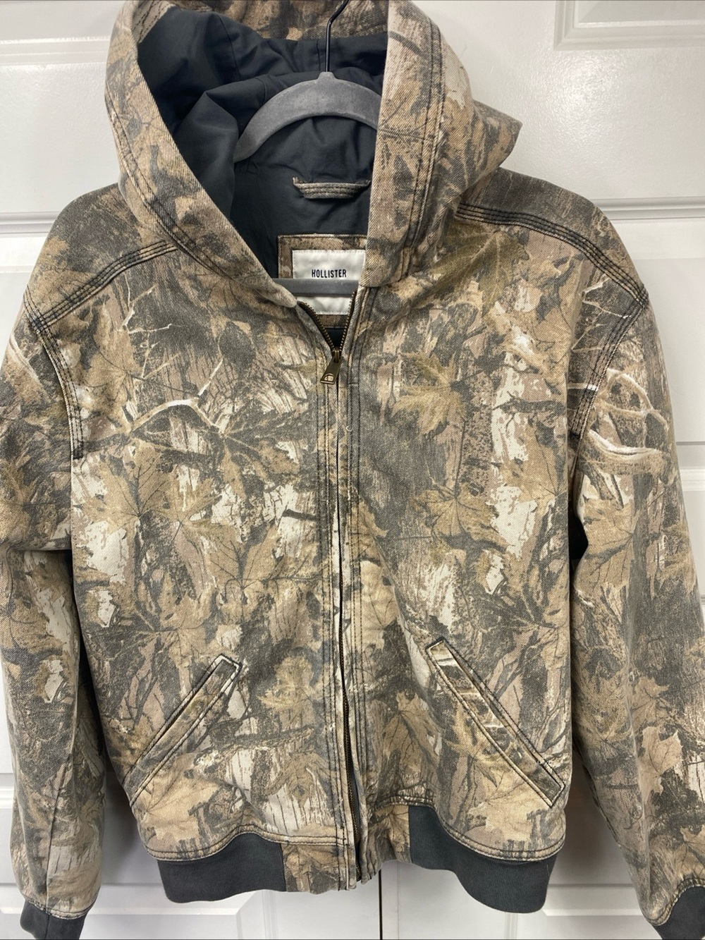 Hollister Camo Canvas Hooded  Jacket Full Zip Coat Medium Hunting Outdoor Gorp